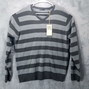 Paper Denim Cloth Black & Gray Striped V Neck Shirt Sweater Mens Sz L Pullover